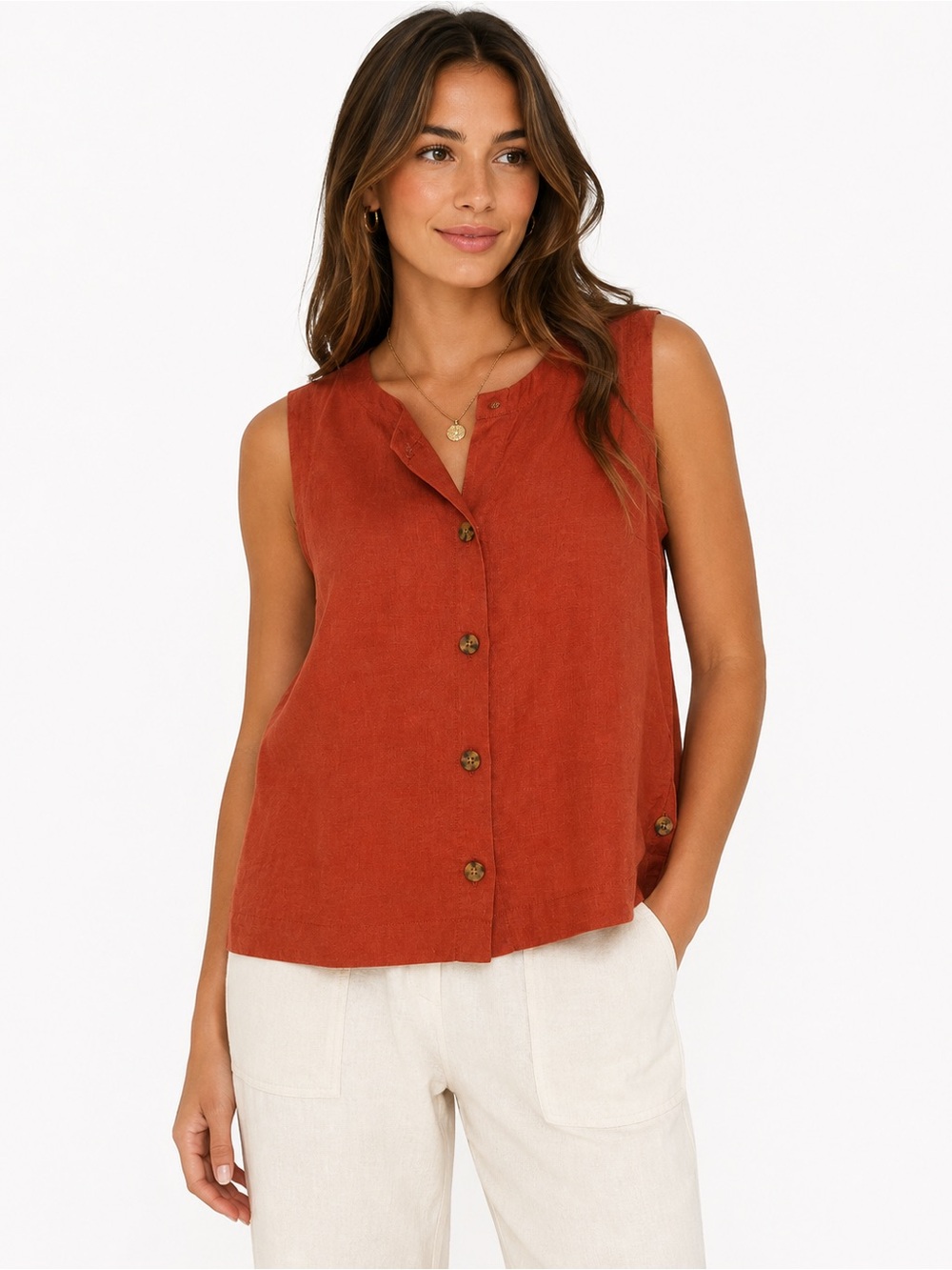 Scotch & Soda Amsterdam Linen Blend Button Front Tank Top Picante Rust NWT M